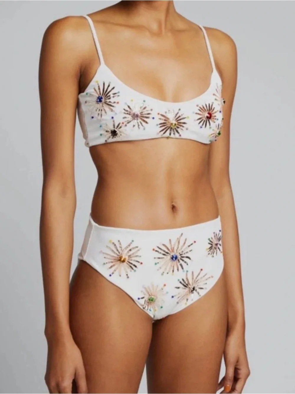 White Embellished Scoop Bikini Top with High-Waist Bottoms